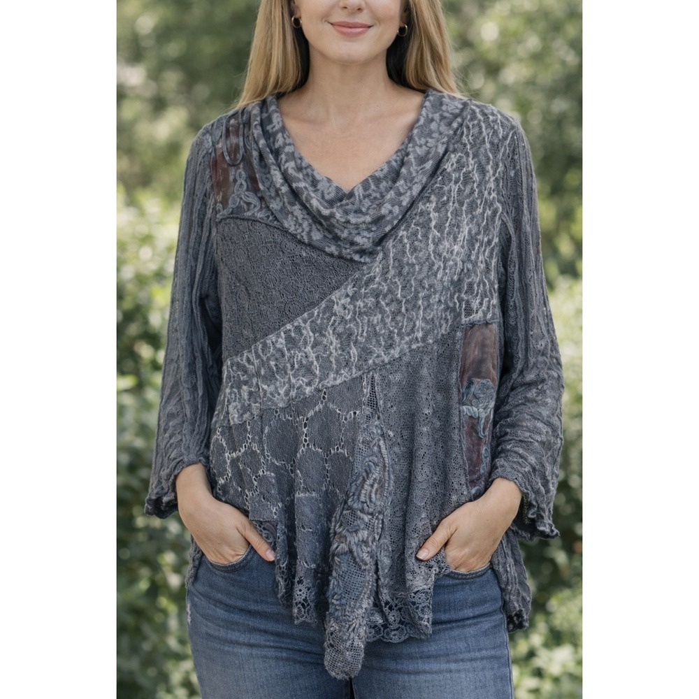 Womens Boho Artsy Lagenlook Mixed Media Lace Velvet Cowl Neck Tunic Top Blue XL